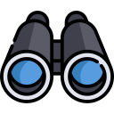 Icon of black binoculars with blue lenses.
