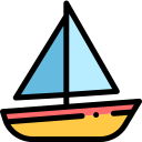 Simple illustration of a sailboat with blue sails and a yellow hull.