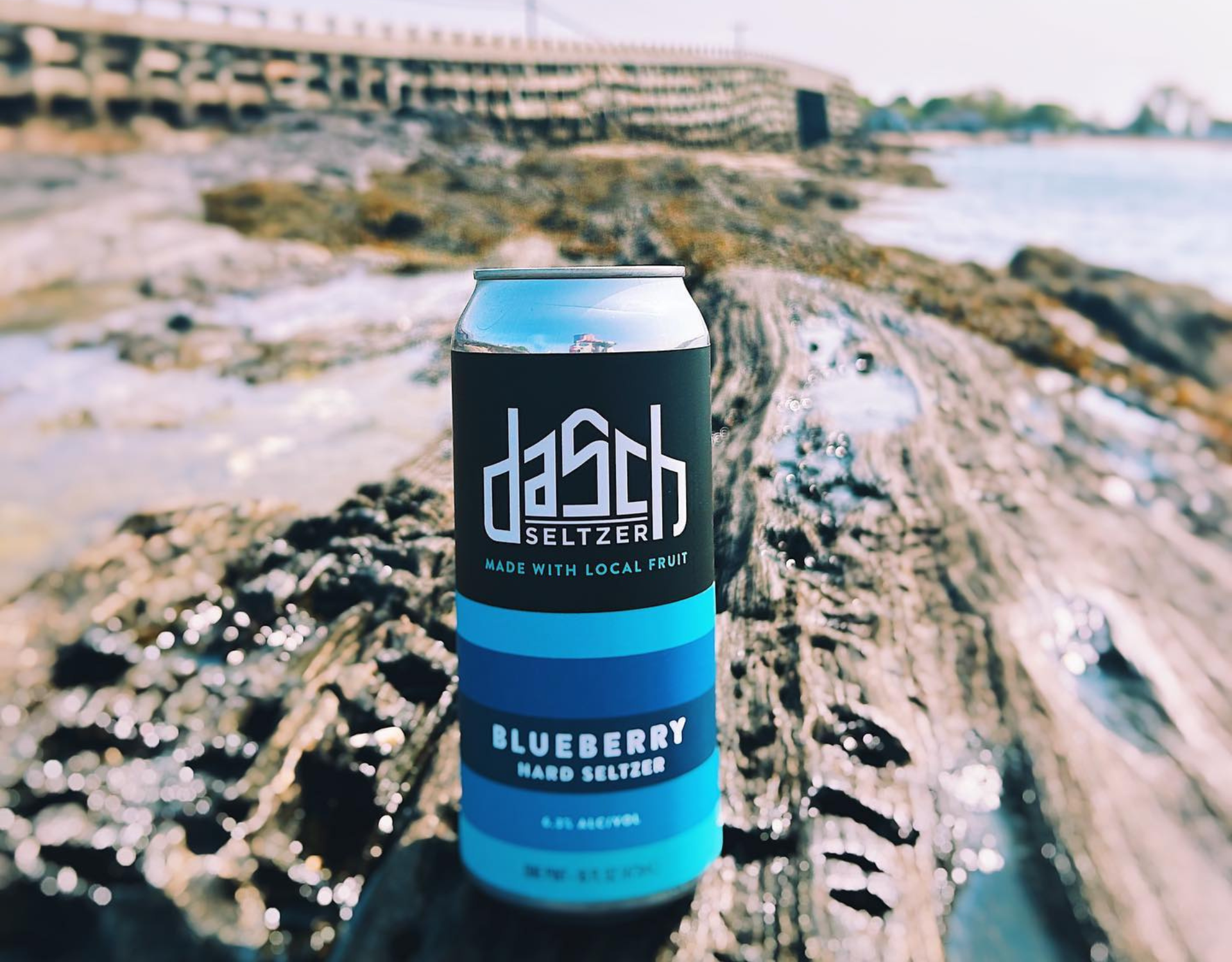 Canned Blueberry Seltzer on drift wood with obscured beach background