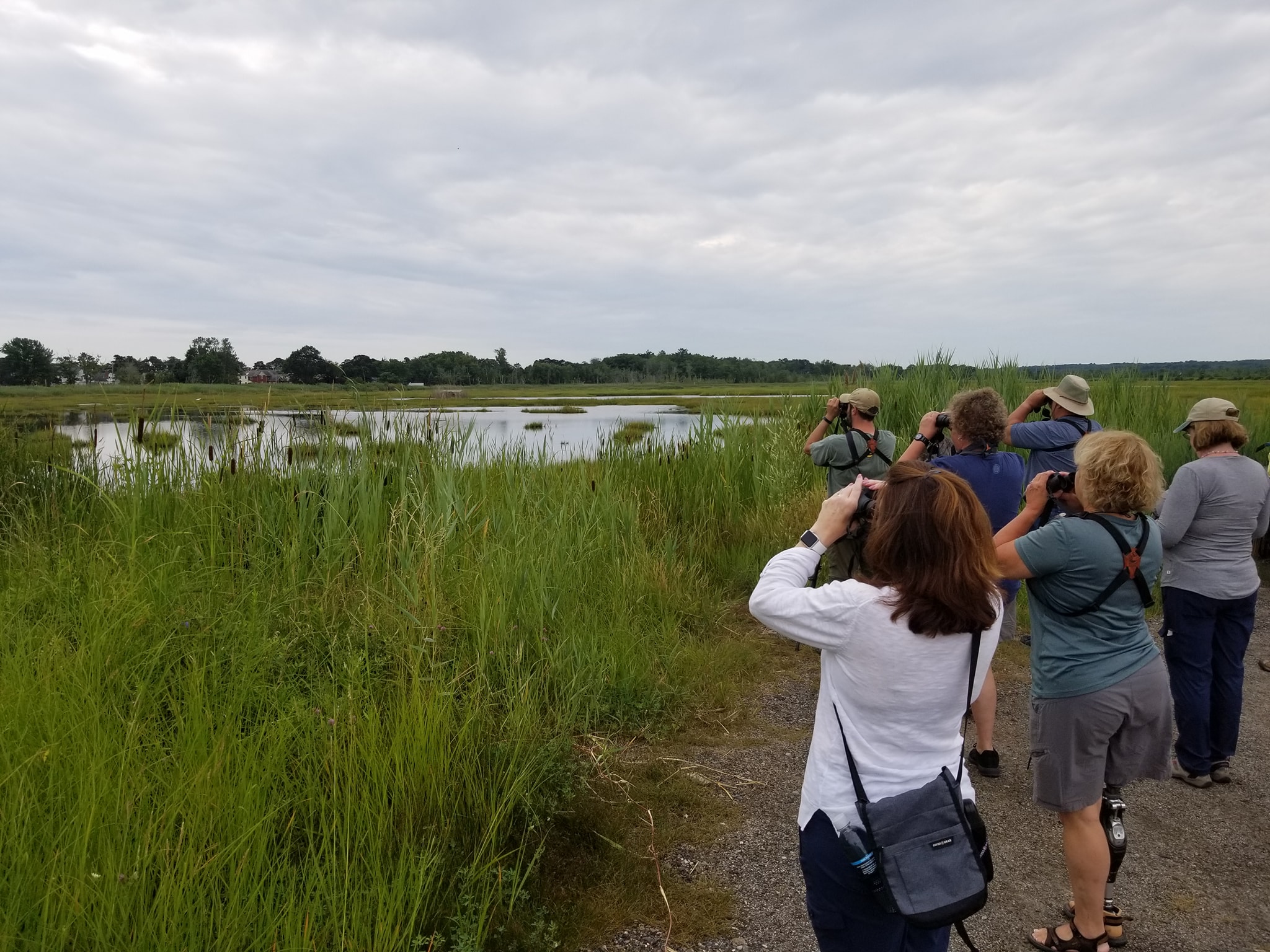 a group of people standing next to a body of water