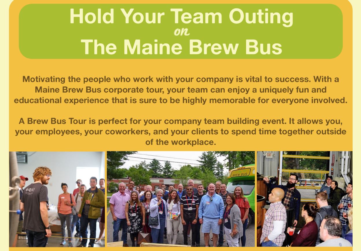 Promotional image for Maine Brew Bus outings with group photos and tour information.