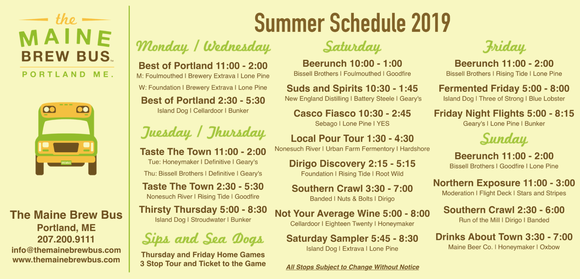The Maine Brew Bus Summer Schedule 2019 with daily tour times and stops listed.