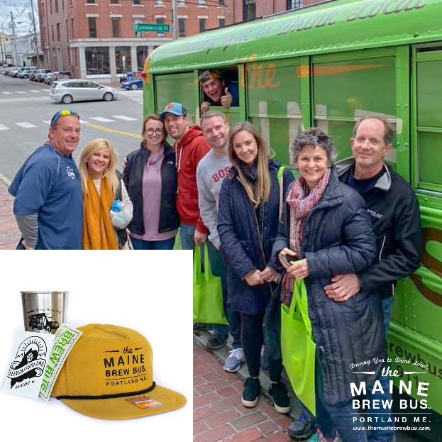 A group by the Maine Brew Bus and merchandise with a hat and a cup on display.