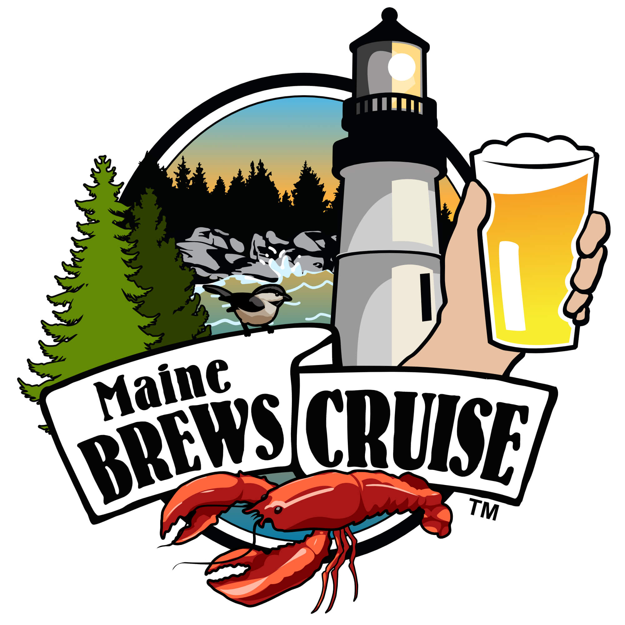 Maine Brews Cruise logo with a lighthouse, beer glass, lobster, forest, and ocean scene.