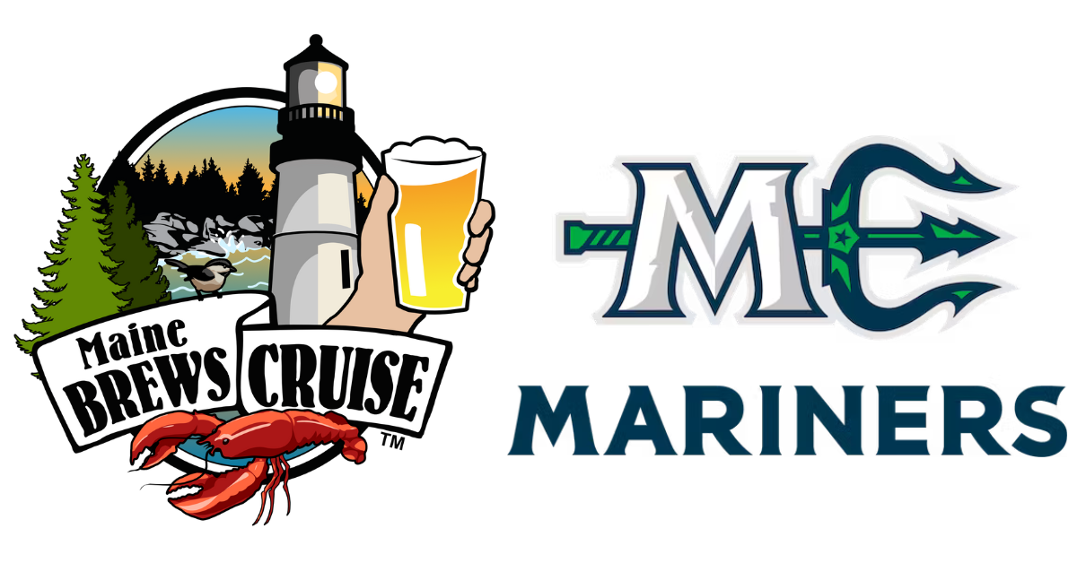 Logos for Maine Brews Cruise with a lighthouse and Mariners with a trident.
