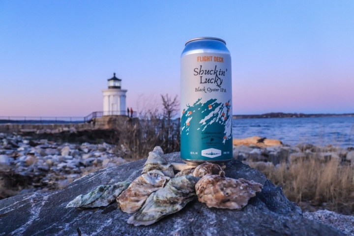 Beer can on rock with oysters, lighthouse and ocean in background during sunset.