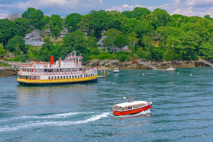 Large ferry and small boat on water near green shoreline with houses.