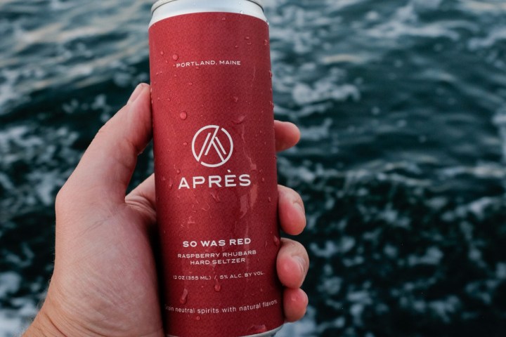 Hand holding a red can of hard seltzer with ocean background.