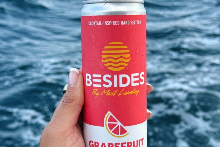 Hand holding a can of grapefruit vodka soda with sea waves in the background.