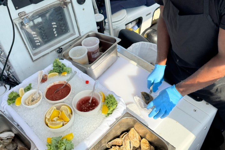 Man in cap and apron shucking oysters on a boat, with condiments and lemon wedges on ice.