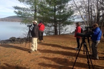 Four people with cameras on tripods by a lakeside, surrounded by trees.