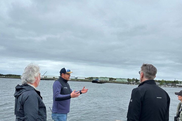 Group of people on a pier overlooking a cloudy waterfront.
