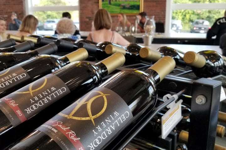 Wine bottles displayed on a rack with people seated in a bar area.