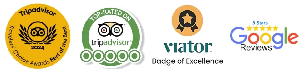 Awards and ratings: Tripadvisor Travelers' Choice 2024, Viator Badge of Excellence, 5 Stars Google Reviews.