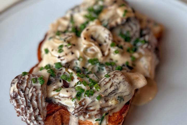 Toast with creamy mushroom sauce and chives on a white plate.